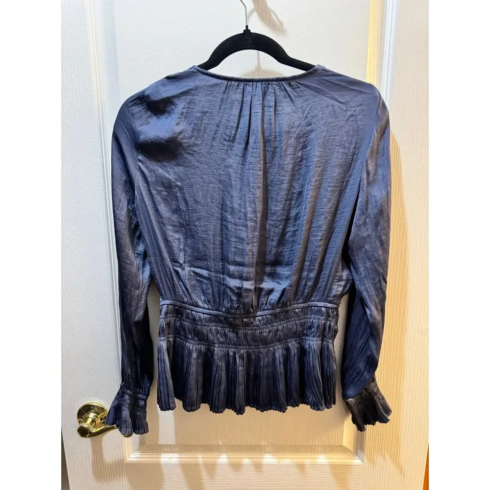 Philosophy Dusty Blue Pleated Blouse Small Long Sleeve V Neck Romantic Boho Top